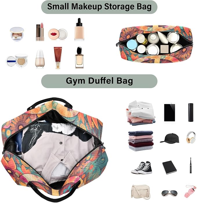 Duffel Bag Set with Toiletry Bag for Travel Gym Sport, Luggage Sleeve Weekender Bag Carry on Overnight Bag-Hippie Peace Print - Image 6