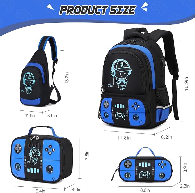 Bevalsa Backpack for School Boys, Cool Luminous Gamer Boys Schoolbag with Sling Bag,Lunch Box & Pencil Case for Kids Children Teens Elementary Middle School(Blue Backpack with Shoulder Bag) - Image 2