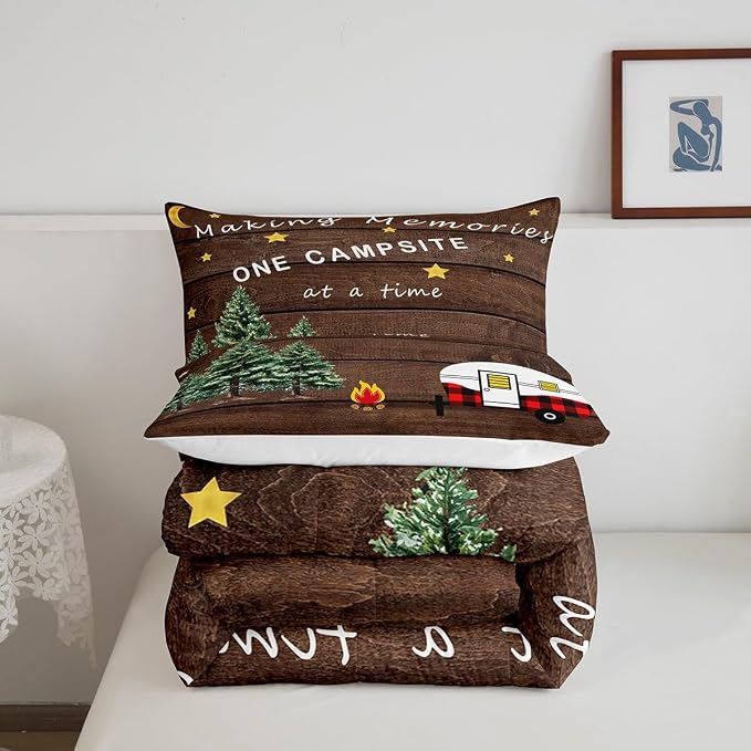 Erosebridal Camping Comforter Set for Kids Boys Girls,Camper Bedding Twin Size,Vintage Happy Camping Comforter for Youth Bedroom Decor,Rustic Tree Wooden Barn Door Down Comforter with 1 Pillowcase - Image 5