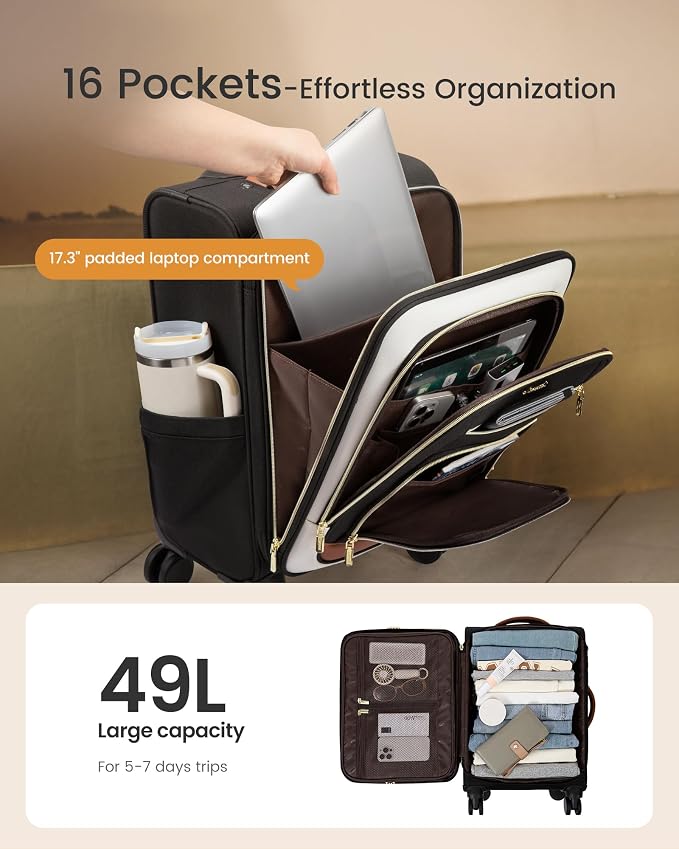 LOVEVOOK Carry on Luggage 22x14x9 Airline Approved with Garment Folder, 22 Inch Large Rolling Suitcase, Spinner Wheels & TSA Lock, Softside Lightweight Underseat Carryon Luggage for Women Travel - Image 4