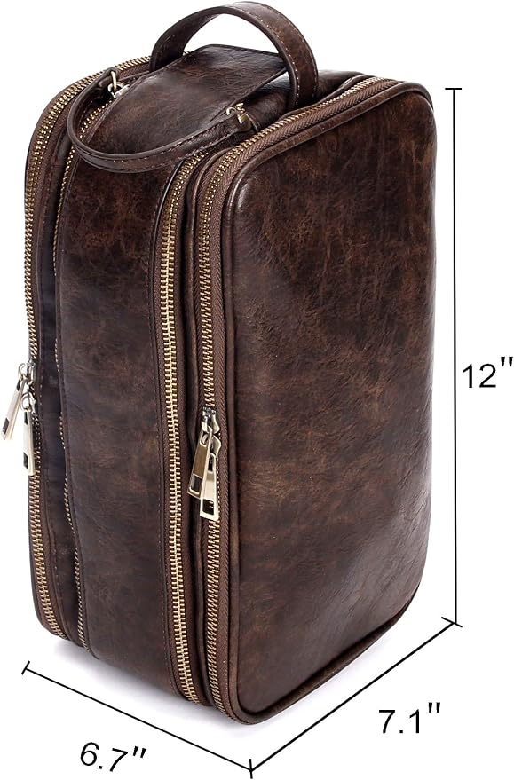Leather Toiletry Bag for Men Personalized Dopp Kit for Travel Waterproof Shaving Bag Coffee - Image 3