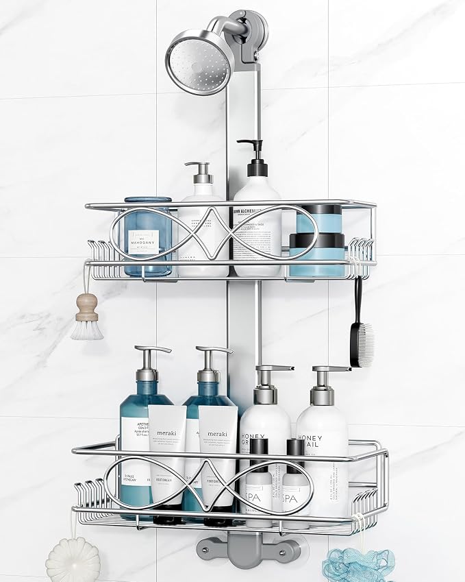 ODesign 2 Tier Aluminum Shower Caddy Rustproof Hanging Adjustable Silver | Shower organizer hanging,no drilling required,comes with removable hook and storage box, suitable for indoor showers by ODesign