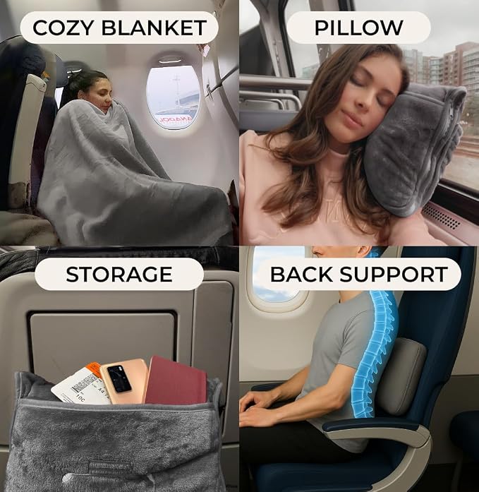 FlyHugz Grey Travel Blanket & Pillow Set (59.1"x47.2") with Carry Case, Luggage Sleeve & Clip – Portable, Lightweight, Breathable & Washable – Perfect for Plane, Car, Camping & Travel - Image 4