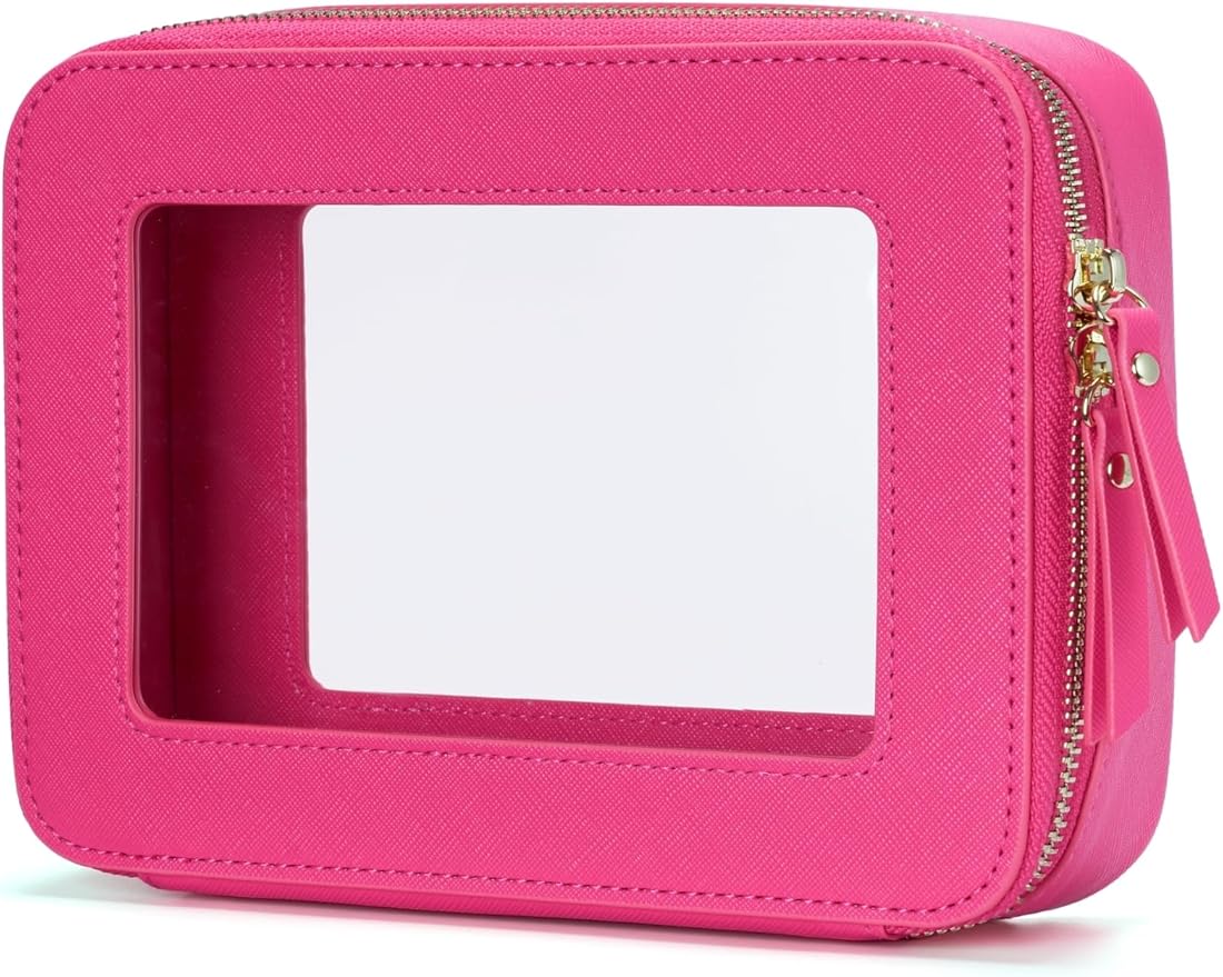 Popvibe Clear Makeup Bag Travel Cosmetic Case Transparent Toiletry Bag with Zipper, Portable Make Up Organizer Traveling Compact Car Bag for Essentials, Hotpink, Medium by POPVIBE