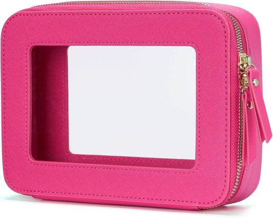 Popvibe Clear Makeup Bag Travel Cosmetic Case Transparent Toiletry Bag with Zipper, Portable Make Up Organizer Traveling Compact Car Bag for Essentials, Hotpink, Medium by POPVIBE
