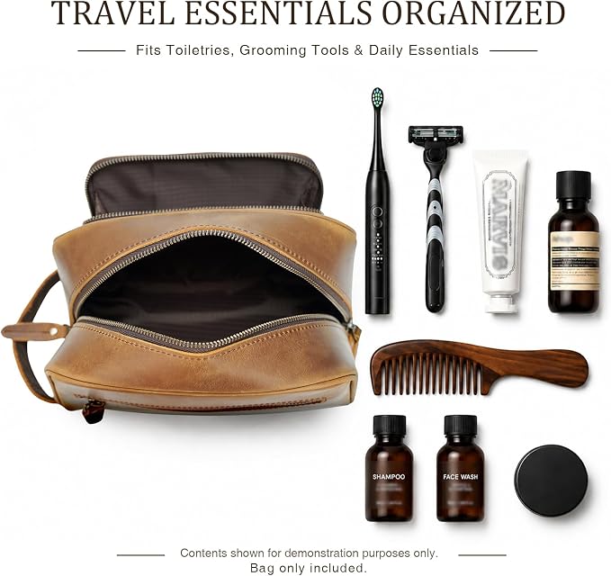 Polare Vintage Full Grain Leather Handmade Travel Toiletry Bag for Men - Dopp Kit - Shaving Kit with YKK Metal Zippers A-Brown - Image 7