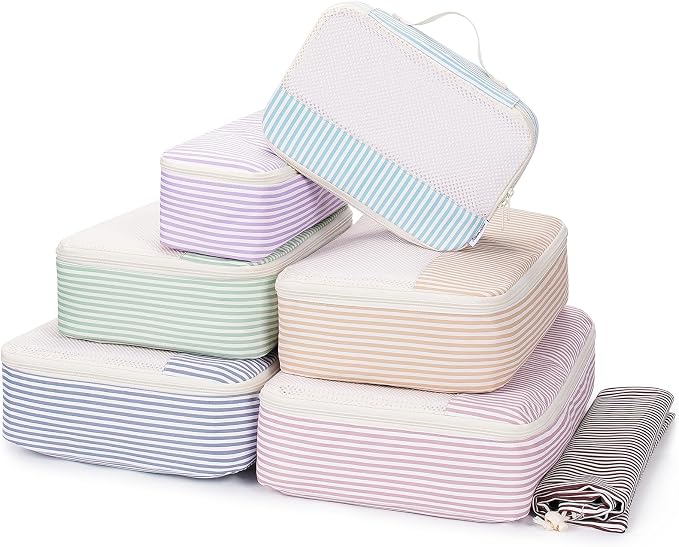 Narwey 7 Set Striped Packing Cubes for Travel Carry on Suitcase Luggage Organizer Bags for Kids Women Men, Durable Packing Organizers Bag, Travel Essentials Accessories (Stripe Combined) by Narwey