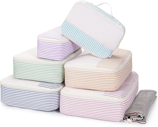 Narwey 7 Set Striped Packing Cubes for Travel Carry on Suitcase Luggage Organizer Bags for Kids Women Men, Durable Packing Organizers Bag, Travel Essentials Accessories (Stripe Combined) by Narwey