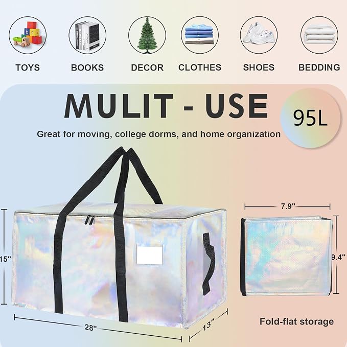 6 Pack-Extra Large Heavy Duty Moving Bags - Waterproof Storage Totes with Handles & Zippers, Foldable for College Dorm, Storage (Shiny Color) - Image 2