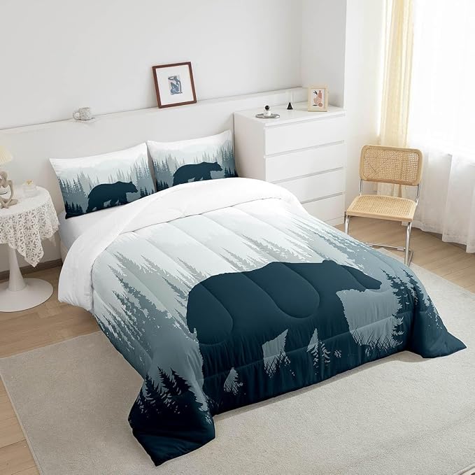 Woodland Comforter Set for Kids Boys Girls Teens,Bear Wild Animal Silhouette Bedding Set Twin Size,Natural Tree Down Comforter Home Room Decor,Misty Mountain Quilted Duvet Warm with 1 Pillow Sham - Image 4