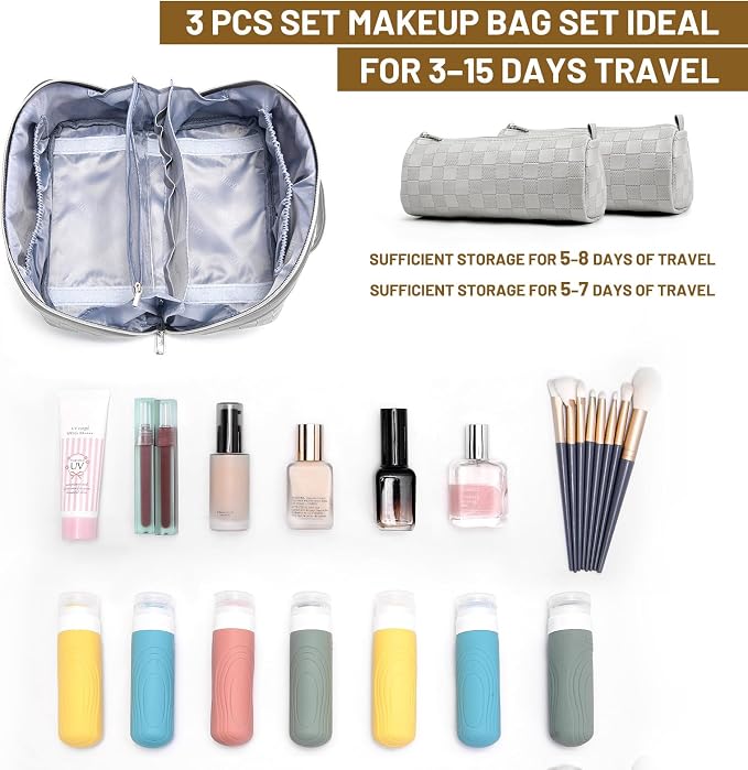 BOYATU Travel Makeup Bag Organizer: 3 Pcs Set Large Capacity Cosmetic Bags Holds 10–20 100ml Full-Size Bottles - 180°Open-Flat Make up Case 3-sec touch-up - Toiletry Bag Gift women (03-A-Gray) - Image 4