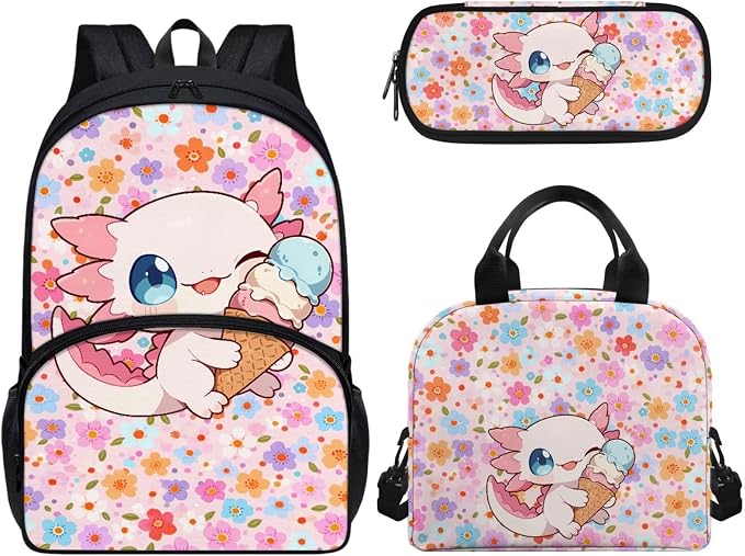 Axolotl Ice Cream Girls Backpack Set, Kids Backpacks with Lunch Bag & Pencil Case, Girls Bookbag School Bag for Elementary School by CndexdWearfunPrintjoy