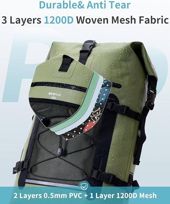 ECOHUB Waterproof Backpack for Women Men, 30L Roll-Top Closure Heavy Duty Dry Bag for Travel with IPX8 Waterproof Phone Case - Image 6