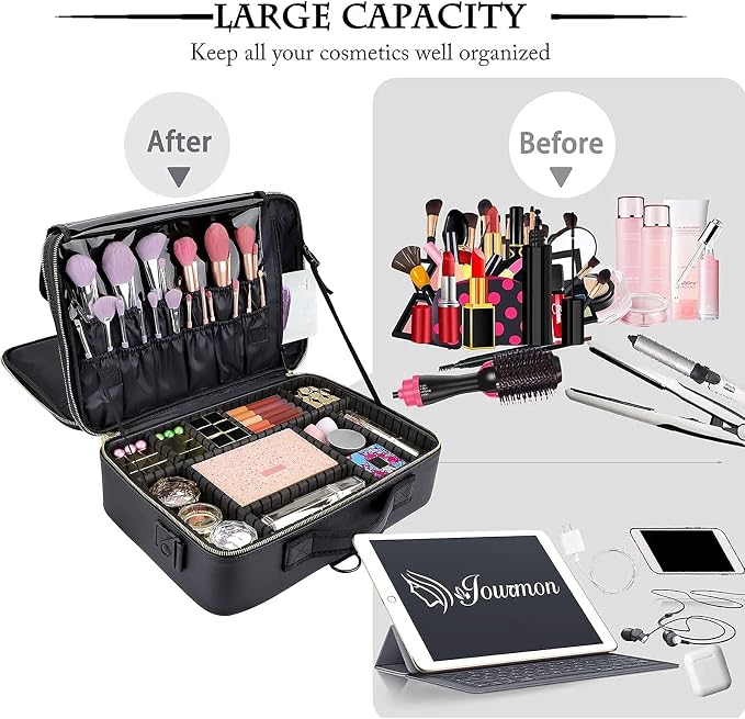 Travel Makeup Train Case,Large Capacity Cosmetic Bags for Women,Portable Makeup Bag Organizer with Adjustable Dividers & Shoulder Strap(Black, L) - Image 5