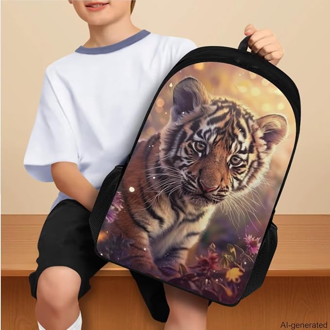 Tiger Backpack for Kids Girls Backpack with Lunch Box Water Bottle Carrier and Canvas Pencil Pouch 4PCS Set Cute Bookbag with Compartments 17 inch Sturdy School Bag with Side Pocket for Boys - Image 3