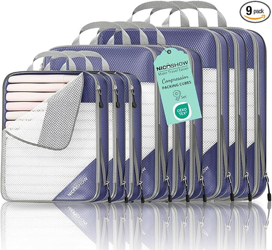 9 Set Compression Packing Cubes for Travel - Compressible, Lightweight, and Space-Saving Packing Cubes, Travel Essentials for Women, Bluish Purple by NICOSHOW