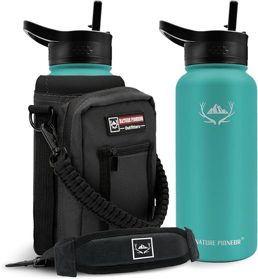 NATURE PIONEOR 32 oz Insulated Water Bottle with Carrier Bag & 3 Lids | 18/8 Food-grade Stainless Steel, Double Vacuum Insulation, 3 Leak-proof Lids, Strap, Camping, Hiking, Gym, Work by NATUREPIONEOR