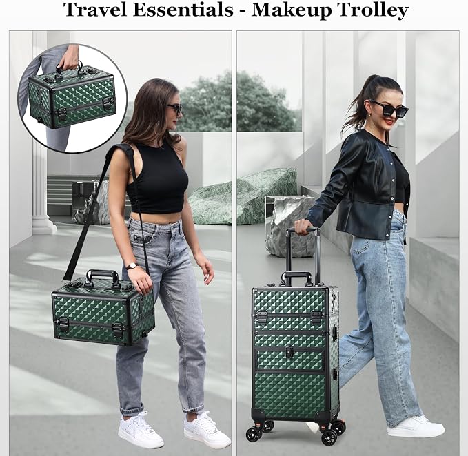 Joligrace Rolling Makeup Case with Drawers - Tattoo Storage Organizer Travel Cart for Nail Tech, Cosmetology, Barber Tools - Portable Suitcase on Wheels Dark Green - Image 7
