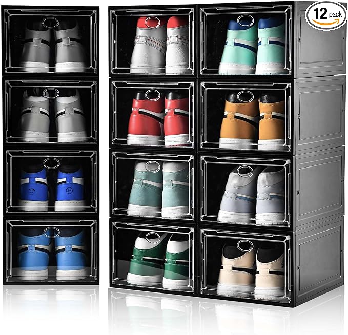 Amllas 12 Pack Shoe Boxes Stackable,Upgraded Sturdy Shoe Storage Boxes with Clear Magnetic Door,Multifunctional Sneaker Storage, Shoe Box Organizer Fit up to US Size 12 Gray(13.8”x 9.84”x 7.1”) by Amllas