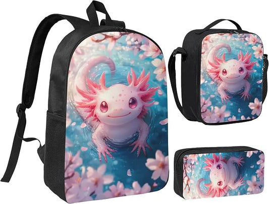 Axolotl Kid Backpack Set with Lunch Bag & Pencil Case Large Capacity School Bag 17 Inch Bookbag for Boy Girl by thmnj