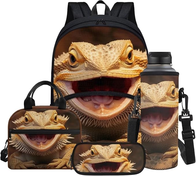Kids School Bag Lizard Print 17 Inch Backpack for Boys with Lunch Box Cooler Water Bottle Sleeve Cover Small Portable Pencil Pen Case Back to School Supplies by Glomenade