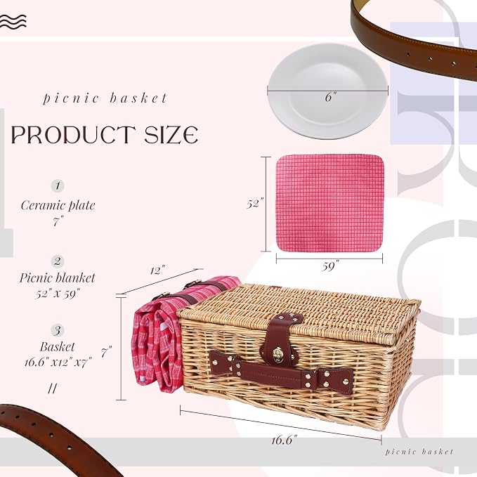Picnic Baskets Wicker Willow Picnic Set for 4 Persons with Insulated Cooler Bag and Waterproof Pink Plaid Picnic Blanket Gift for Christmas Thanksgiving Wedding Birthday Camp Outdoor Beach Travel - Image 5