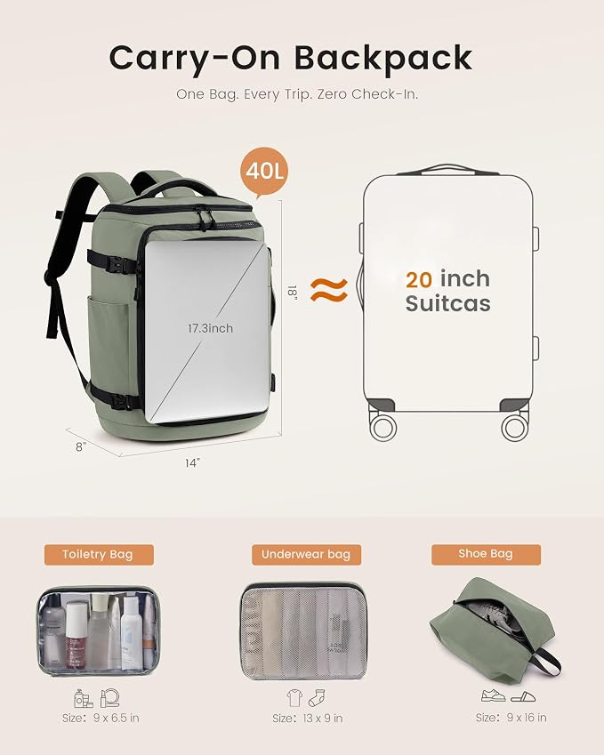 LOVEVOOK Travel Backpack for Women & Men, 40L TSA Approved Carry On Backpack with 3 Packing Cubes, Waterproof Weekender Overnight Bag for 2-4 Day Trips, Business & Travel Essentials, Slate Green-Black - Image 3
