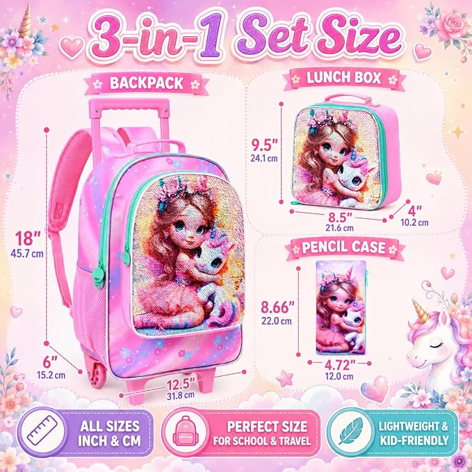AGSDON 3PCS Rolling Backpack for Girls Boys, Kids Roller Wheels Bookbag, Wheeled School Bag with Lunch Bag - Image 5