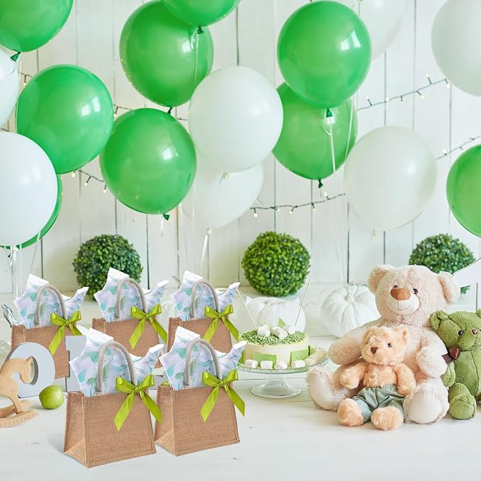 Shinylin 12 Pcs Small Burlap Tote Bag Set with Handles Spring Wedding Favors Reusable Jute Tote Bag Bulk with Eucalyptus Tissue Paper and Green Ribbon Wrapping 8.7x5.5x7inch - Image 6