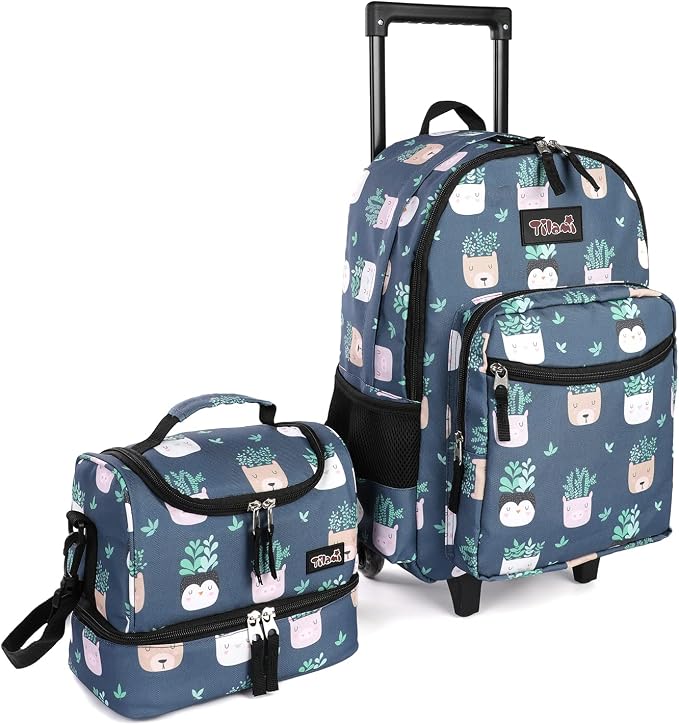 Tilami Rolling Backpack 18 inch Double Handle with Lunch Bag Wheeled Kids Backpack for Girls and Boys, Plants Blue by Tilami
