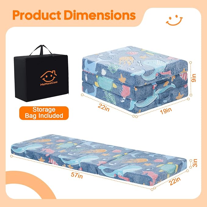 MeMoreCool Glow Ocean Kids Foldable Floor Mattress Trifold, 57x22 Inch Blue | Glow ocean trifold mattress for kids room, playroom, reading and travel - Image 3