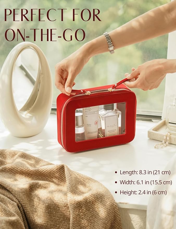Popvibe Clear Makeup Bag Travel Cosmetic Case Clear Toiletry Bag with Zipper Make Up Case Traveling Car Bag, Red, Medium - Image 3