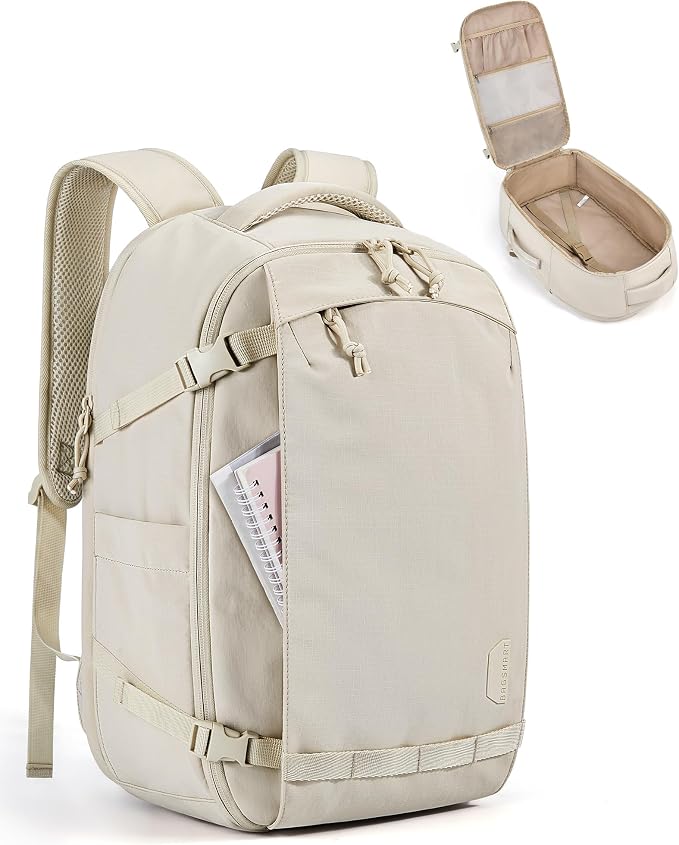 BAGSMART Travel Backpack for Women, 15.6 Inch Carry On Bag, Beige | TSA approved personal item fit for flights. Water resistant weekender daypack ideal for travel, business, and daily use. by BAGSMART