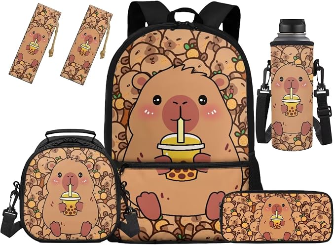 Capybara Backpack Kids School Backpack with Lunch Box Water Bottle Sleeve and Pencil Case Bookmark Matching 5 in 1 Bookbag Set for Girls Boys Back to School Gifts by Unknown