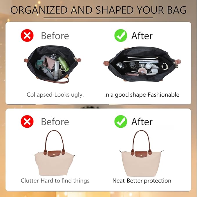 Soft Nylon Purse Organizer Insert for Longchamp Le Pliage L Tote Bag,Lightweight Luxury Long Champ Large Tote Divider Shaper with Cup Holder,Zipper Bags Inner Linner with 7 Deepened Pockets,L/Beige - Image 4
