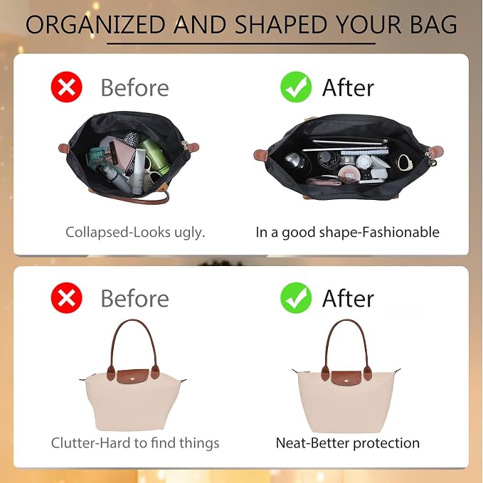 Soft Nylon Purse Organizer Insert for Longchamp Le Pliage M Tote Bag Long Handle, Lightweight Luxury Long Champ Medium Divider Shaper with Cup Holder,Zipper Bag Inner with Deepened Pockets,M/Beige - Image 4