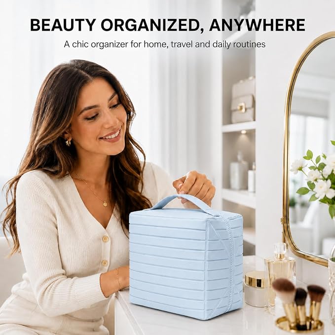 Fold Down Large Capacity Makeup Bag for Women, Foldable Travel Makeup Organizer with Compartments, Lay Flat Waterproof Cosmetic Toiletry Bag for Brushes and Skincare (Light Blue) - Image 6