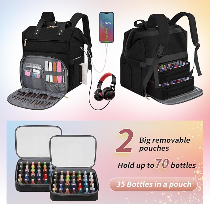 LTINVECK Nail Polish Organizer Case Backpack Holds 70 Bottles (15ml/0.5fl.oz)& Nail Lamp, 2 Layers Detachable Nail Kit Storage Case, Large Travel Nail Supplies Shoulder Bag for Manicure Tools (black) - Image 2
