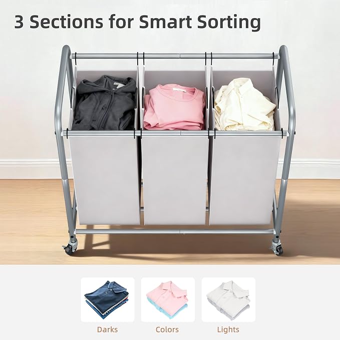 STORAGE MANIAC 3 Section Laundry Sorter, 35.6 Gal (135 L) Laundry Hamper Cart with Heavy Duty Rolling Lockable Wheels and Removable Bags, Clothes Organizer Basket Separator Hamper, Gray - Image 3