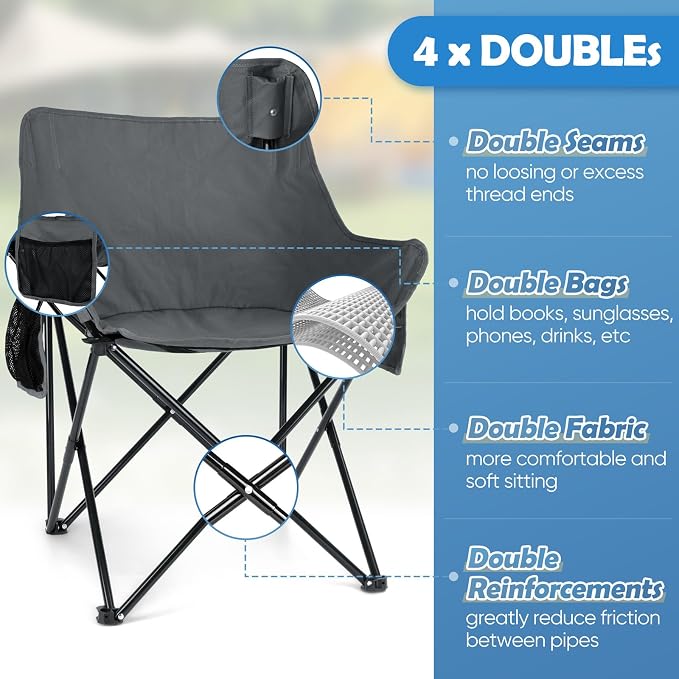 HaSteeL Camping Chair for Adults, Compact Folding Portable Chairs Set with Side Pockets for Outdoors Fishing, Hiking, Backpacking, Picnic, Beach, Travel, Supports to 250lbs, & Storage Bags (Grey) - Image 3