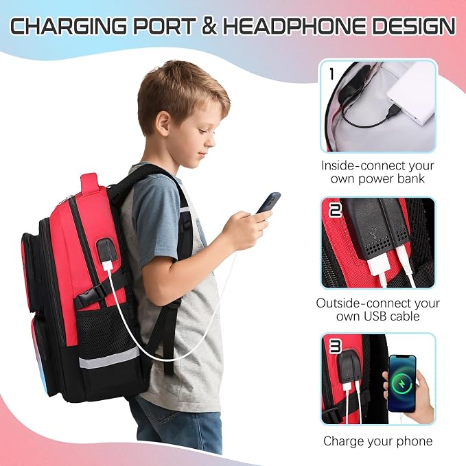 Jafeton Gamer Backpack for Boys, 3PCS Boys Backpack with Lunch Box & Pencil Pouch, Waterproof School Bags for Boy Kids Children Teens, Elementary Middle School, Kids Book Bag Casual Daypack (Red) - Image 7