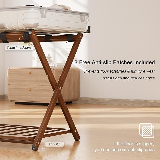 Fully Assembled Luggage Rack for Guest Room, Bamboo Suitcase Stand with Foldable Storage Shelf, Crossed Nylon Straps Folding Luggage Holder for Bedroom and Hotel, Walnut - Image 6