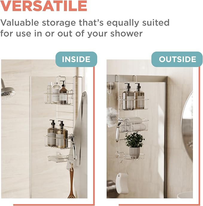 Zenna Home Shower Caddy Hanging Over the Shower Door Organizer, Stainless Steel Rack with 2 Shelves and Built in Hooks, Bathroom Organizer Shelf for Inside Shower, Stainless Steel - Image 5