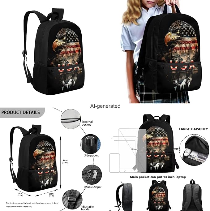 Eagle Backpack for Kids Boys Backpack with Lunch Box Water Bottle Holder and Soft Pencil Case 4PCS Bookbag with Front Pocket for School Teens 17 inch Large Capacity School Bag with Side Pocket - Image 3