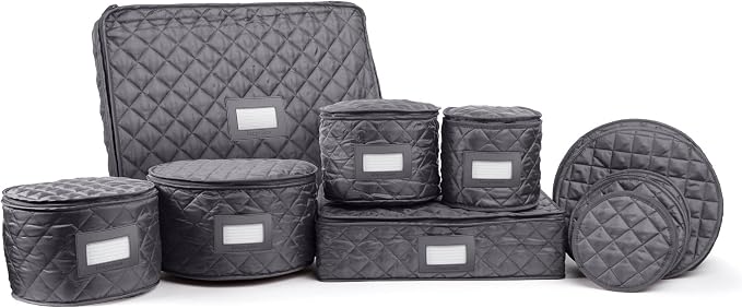Covermates Keepsakes Dish Storage Set – Padded China & Dinnerware Storage Cases with Dividers, Cup & Stemware Storage, Quilted Polyester Protection, ID Window, Slate by Covermates