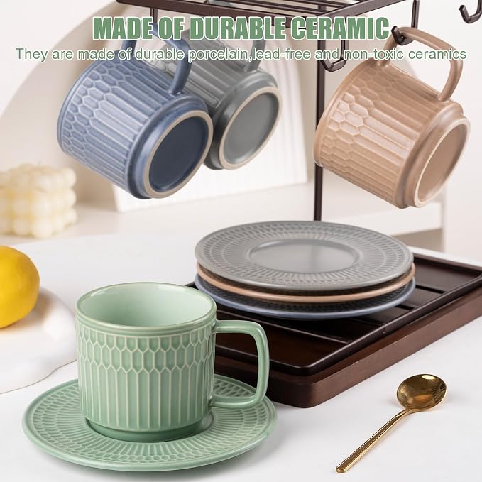 8oz Cappuccino Cups with Saucers Set of 4, 8 Ounce Stackable Embossed Ceramic Coffee Mugs for Specialty Coffee Drinks, Latte Mugs, Cafe Mocha and Tea, Dishwasher & Microwave Safe (Mix) - Image 3