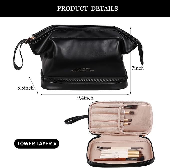 Abiudeng Large Capacity Makeup Bag Ladies Cosmetic Bag Travel Bag with Compartments Portable PU Leather Travel Makeup Bag with Handle - Image 2