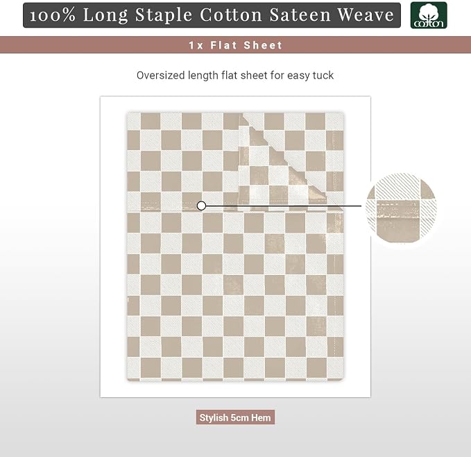 Pizuna Pure 100% Cotton Flat Sheets Only Queen Taupe Smart Plaid (1 PC), Luxurious 400 Thread Count Long Staple Cotton Sateen with 4" Hem (Combed Queen Flat Sheet Only Cotton) - Image 3