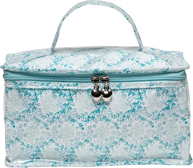 Jacaranda Living Vanity Bag/Train Case - Water-Resistant, PVC-Lined, Easy to Clean, Compact & Travel Ready Makeup Organizer - Aqua Trellis Print by JacarandaLiving