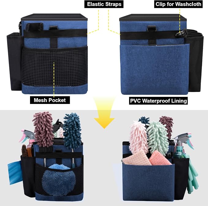 Wearable Large Cleaning Caddy Bag for Housekeeper, Clean Supply Organizer with Adjustable Shoulder, Waist & Handle Straps, Detailing Bag for Kitchen Supplies (Blue) - Image 5